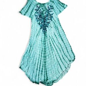 Greenish blue tie-dye dress with floral embroidery and mesh sleeves